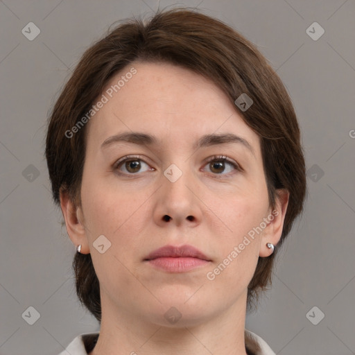 Neutral white young-adult female with medium  brown hair and brown eyes