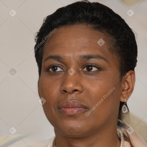 Neutral black young-adult female with short  brown hair and brown eyes
