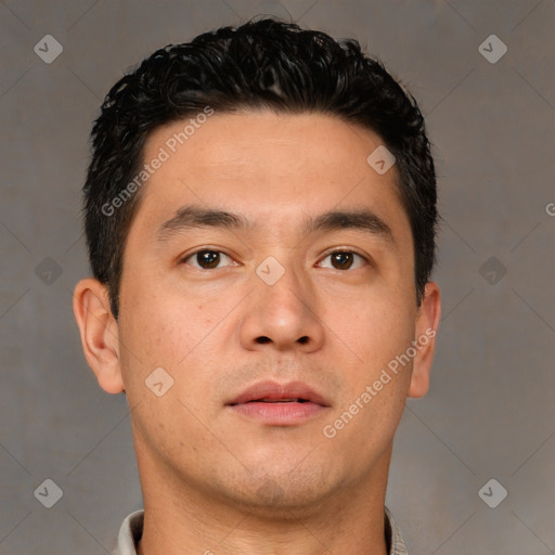 Neutral white young-adult male with short  brown hair and brown eyes