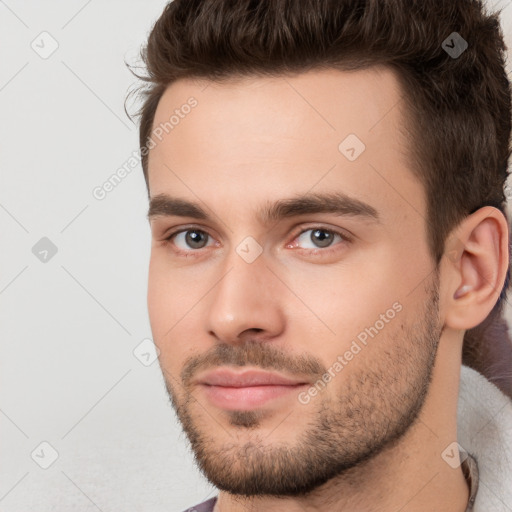 Neutral white young-adult male with short  brown hair and brown eyes