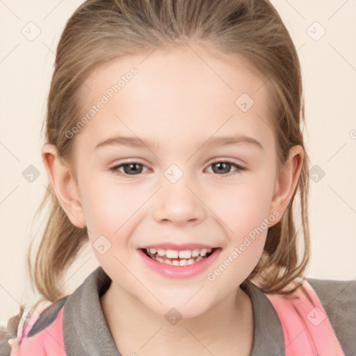 Joyful white child female with medium  brown hair and grey eyes