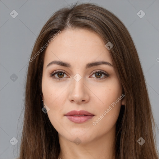 Neutral white young-adult female with long  brown hair and brown eyes