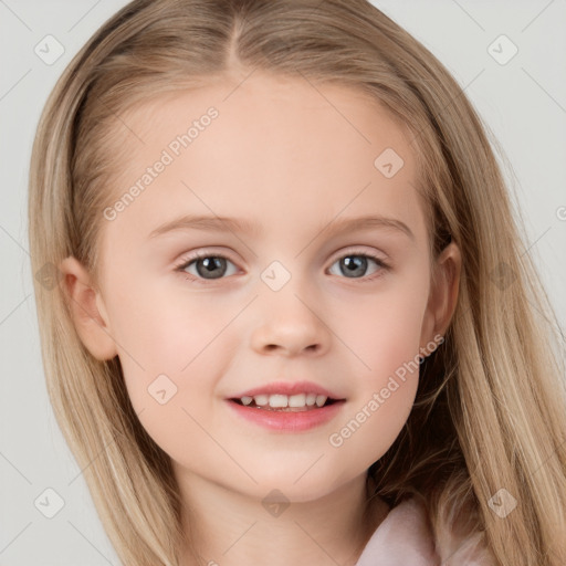 Joyful white child female with medium  brown hair and blue eyes