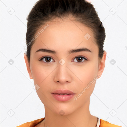 Neutral white young-adult female with short  brown hair and brown eyes