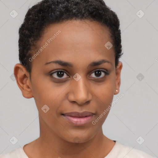 Joyful black young-adult female with short  brown hair and brown eyes