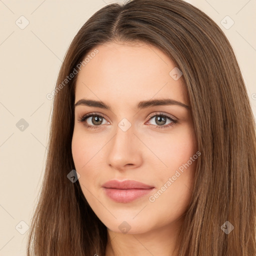 Neutral white young-adult female with long  brown hair and brown eyes