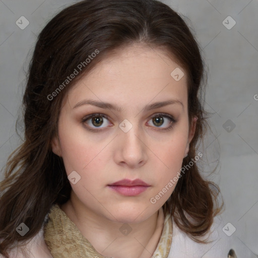 Neutral white young-adult female with medium  brown hair and brown eyes