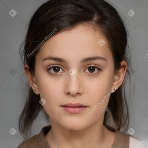 Neutral white young-adult female with medium  brown hair and brown eyes