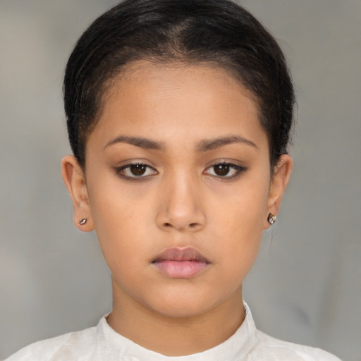 Neutral latino young-adult female with short  brown hair and brown eyes