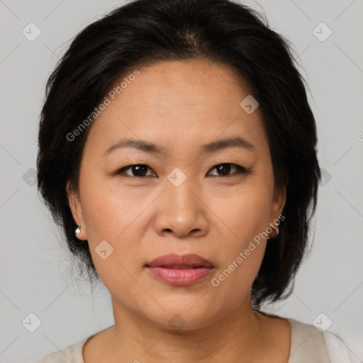 Joyful asian adult female with medium  brown hair and brown eyes