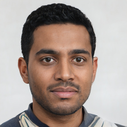Neutral latino young-adult male with short  black hair and brown eyes