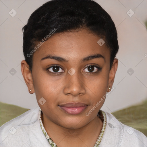 Joyful black young-adult female with short  brown hair and brown eyes