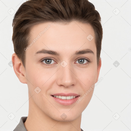 Joyful white young-adult female with short  brown hair and grey eyes