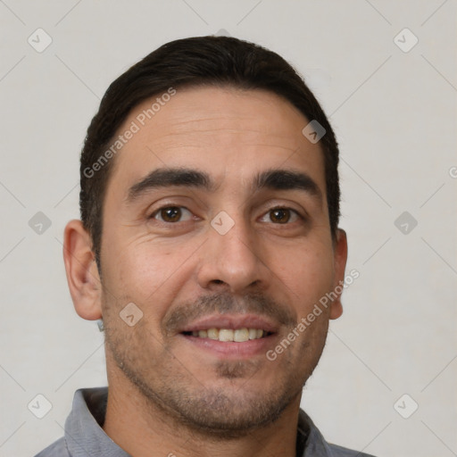 Joyful white young-adult male with short  brown hair and brown eyes