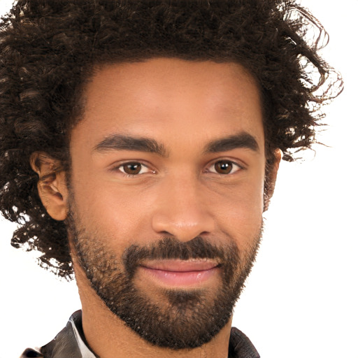 Joyful black young-adult male with short  brown hair and brown eyes