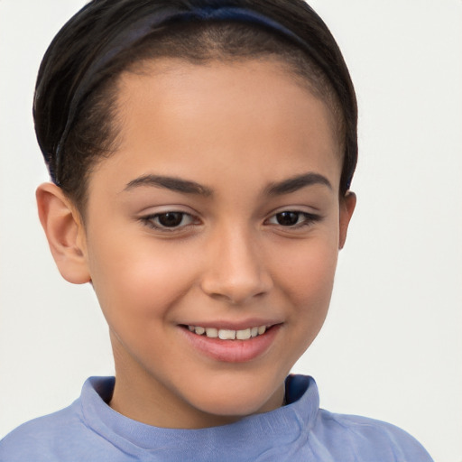 Joyful white child female with short  brown hair and brown eyes