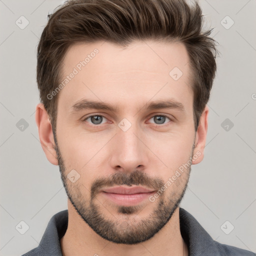 Neutral white young-adult male with short  brown hair and grey eyes