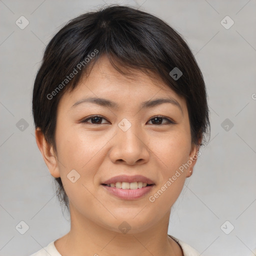 Joyful white young-adult female with medium  brown hair and brown eyes