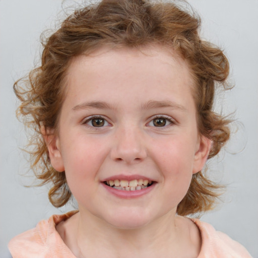 Joyful white child female with medium  brown hair and blue eyes