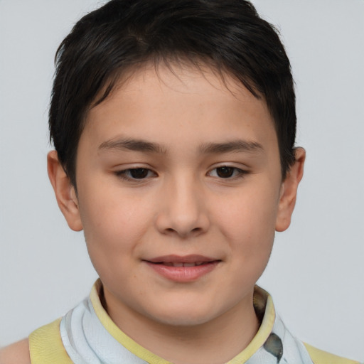 Joyful white child female with short  brown hair and brown eyes