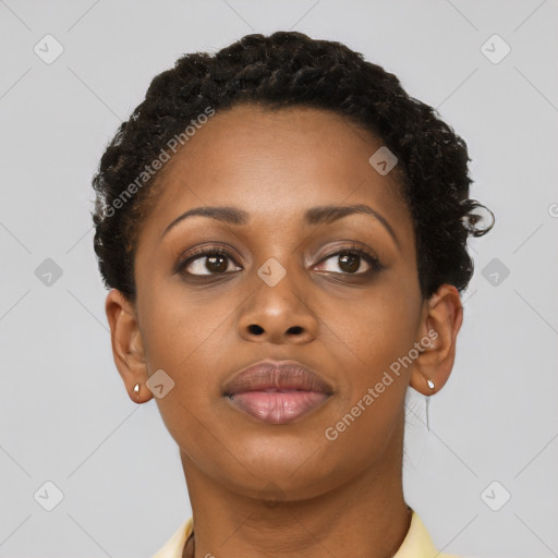 Neutral black young-adult female with short  brown hair and brown eyes