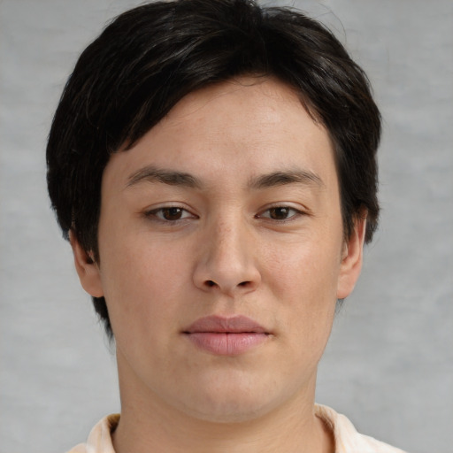 Joyful asian young-adult male with short  brown hair and brown eyes