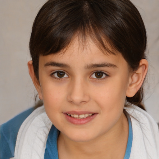 Joyful white child female with medium  brown hair and brown eyes