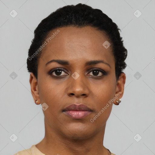Neutral black young-adult female with short  black hair and brown eyes