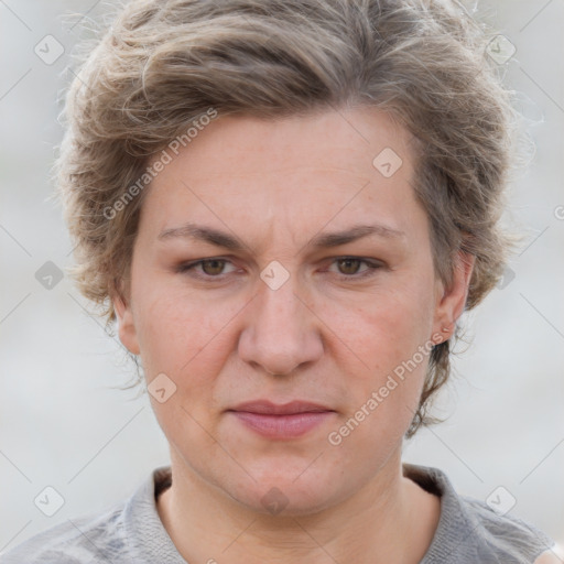 Joyful white adult female with short  brown hair and grey eyes