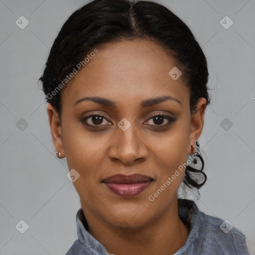 Joyful latino young-adult female with short  black hair and brown eyes