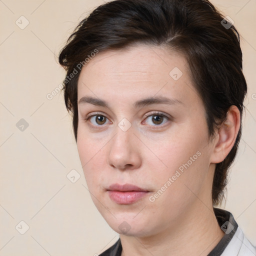 Neutral white young-adult female with medium  brown hair and brown eyes