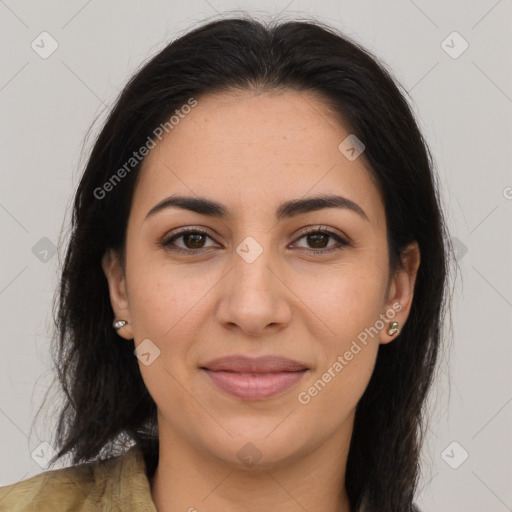 Joyful latino young-adult female with long  brown hair and brown eyes