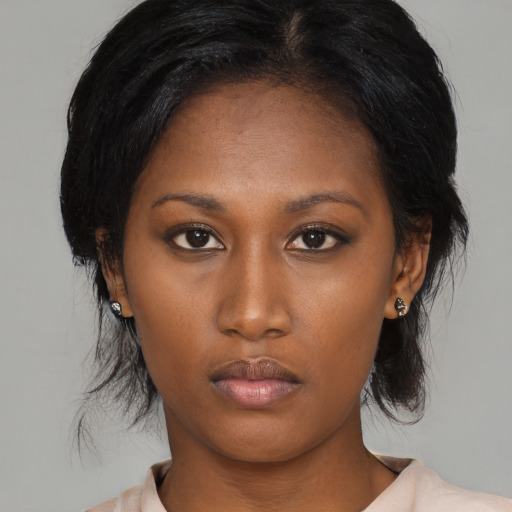 Neutral asian young-adult female with medium  black hair and brown eyes