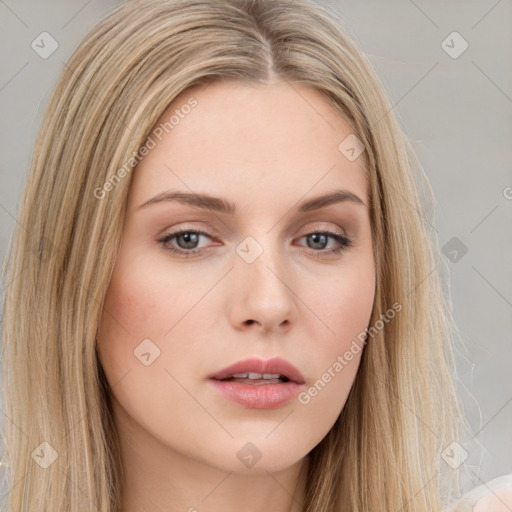 Neutral white young-adult female with long  brown hair and brown eyes