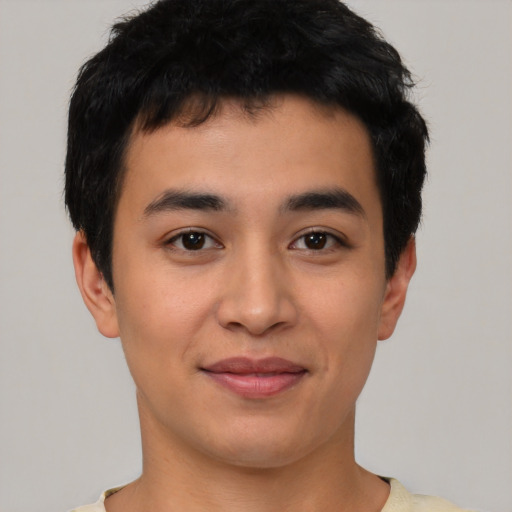 Joyful asian young-adult male with short  black hair and brown eyes