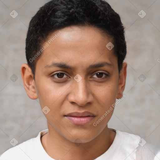 Joyful latino young-adult female with short  brown hair and brown eyes