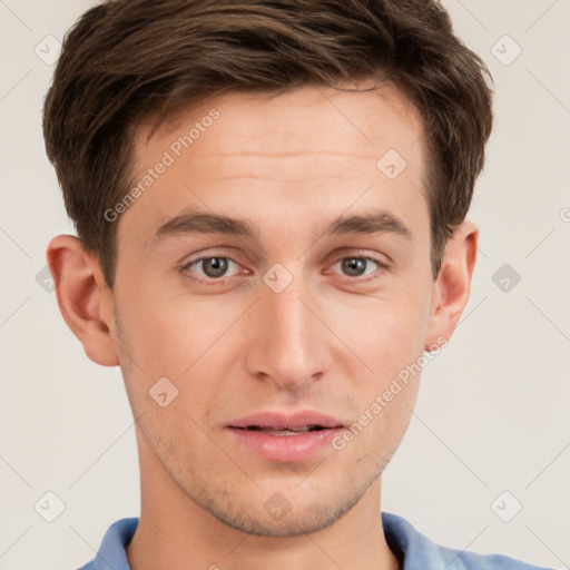 Neutral white young-adult male with short  brown hair and grey eyes