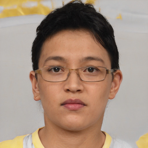 Neutral asian young-adult female with short  brown hair and brown eyes