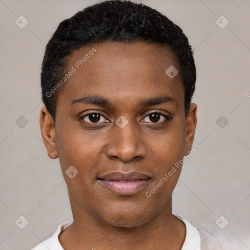 Joyful black young-adult male with short  black hair and brown eyes