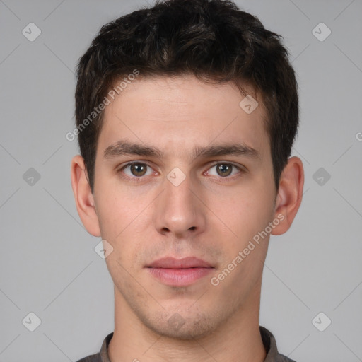 Neutral white young-adult male with short  brown hair and brown eyes