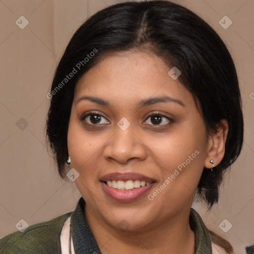 Joyful latino young-adult female with medium  brown hair and brown eyes