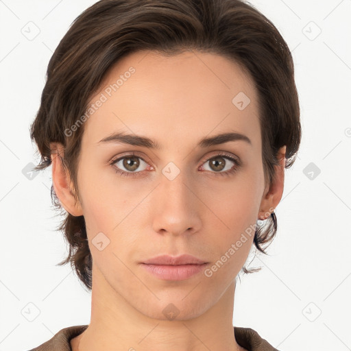 Neutral white young-adult female with medium  brown hair and brown eyes