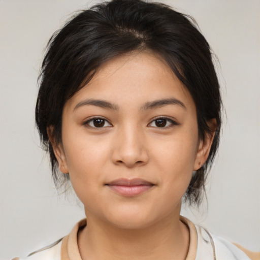 Neutral latino young-adult female with medium  brown hair and brown eyes