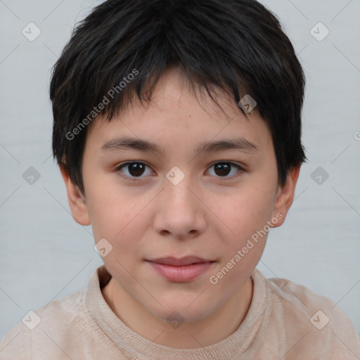 Joyful white child female with short  brown hair and brown eyes