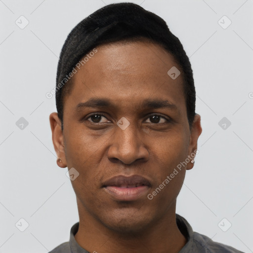 Neutral black young-adult male with short  black hair and brown eyes