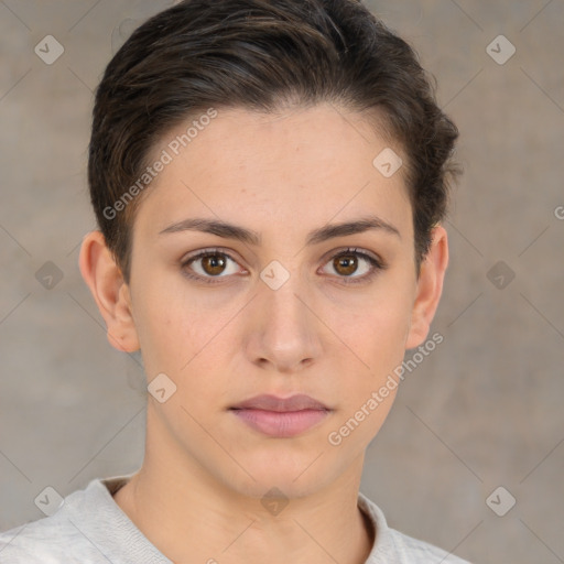 Neutral white young-adult female with short  brown hair and brown eyes