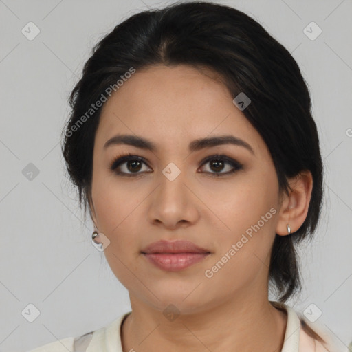 Neutral latino young-adult female with medium  black hair and brown eyes