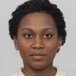 Neutral black young-adult female with short  brown hair and brown eyes