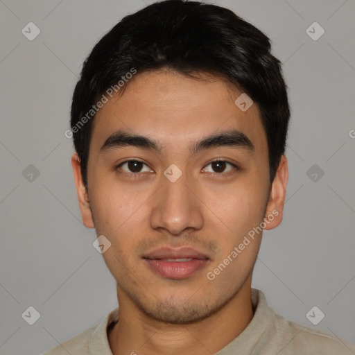 Neutral asian young-adult male with short  black hair and brown eyes