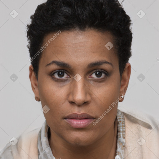 Neutral black young-adult female with short  brown hair and brown eyes